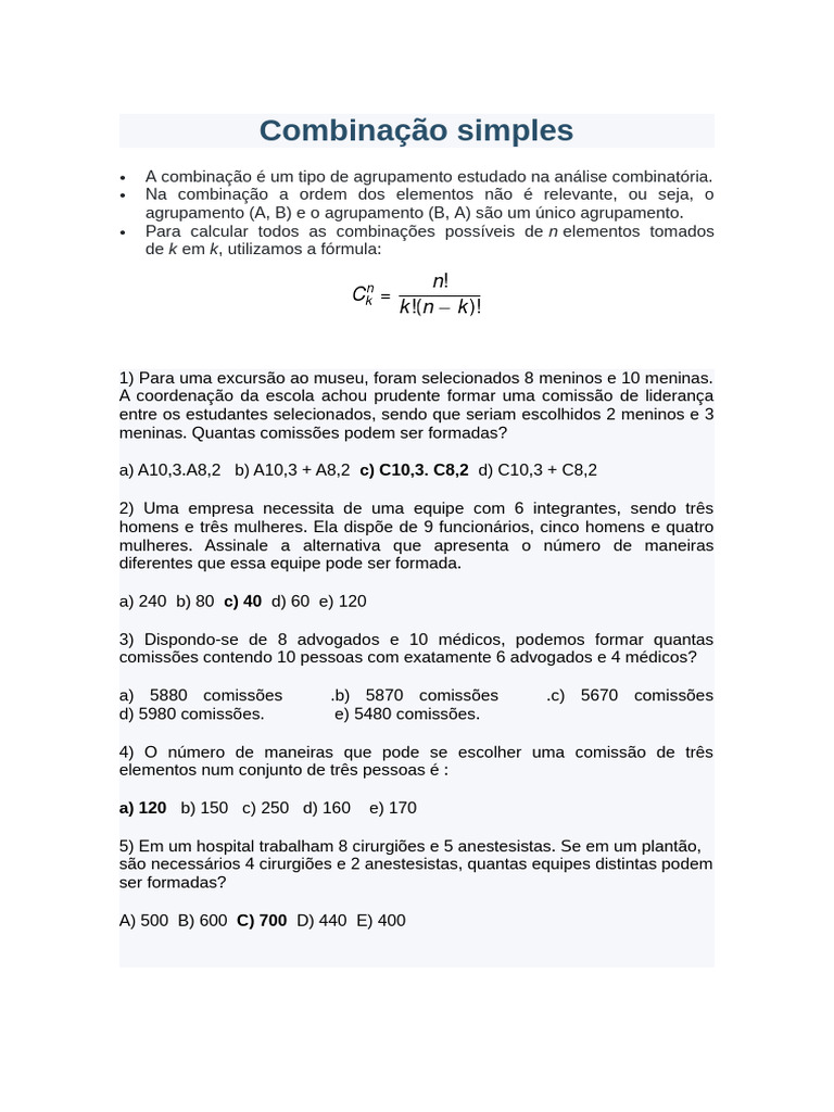 Combinação Simples na Análise Combinatória | PDF