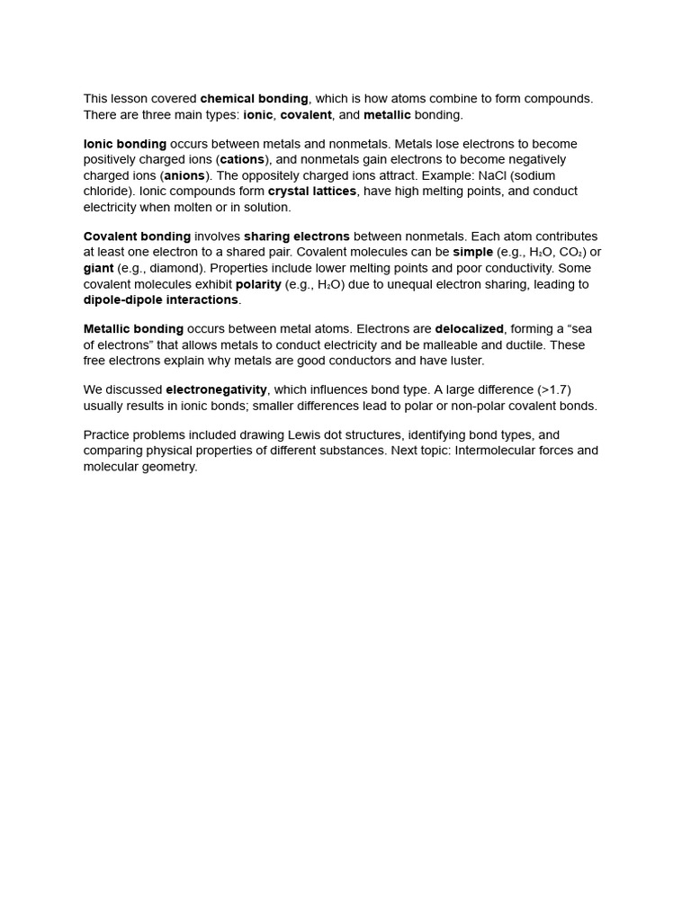 Covalent Bonds Ionic Bods and Metallic Bonds Chem Lecture Transcript ...
