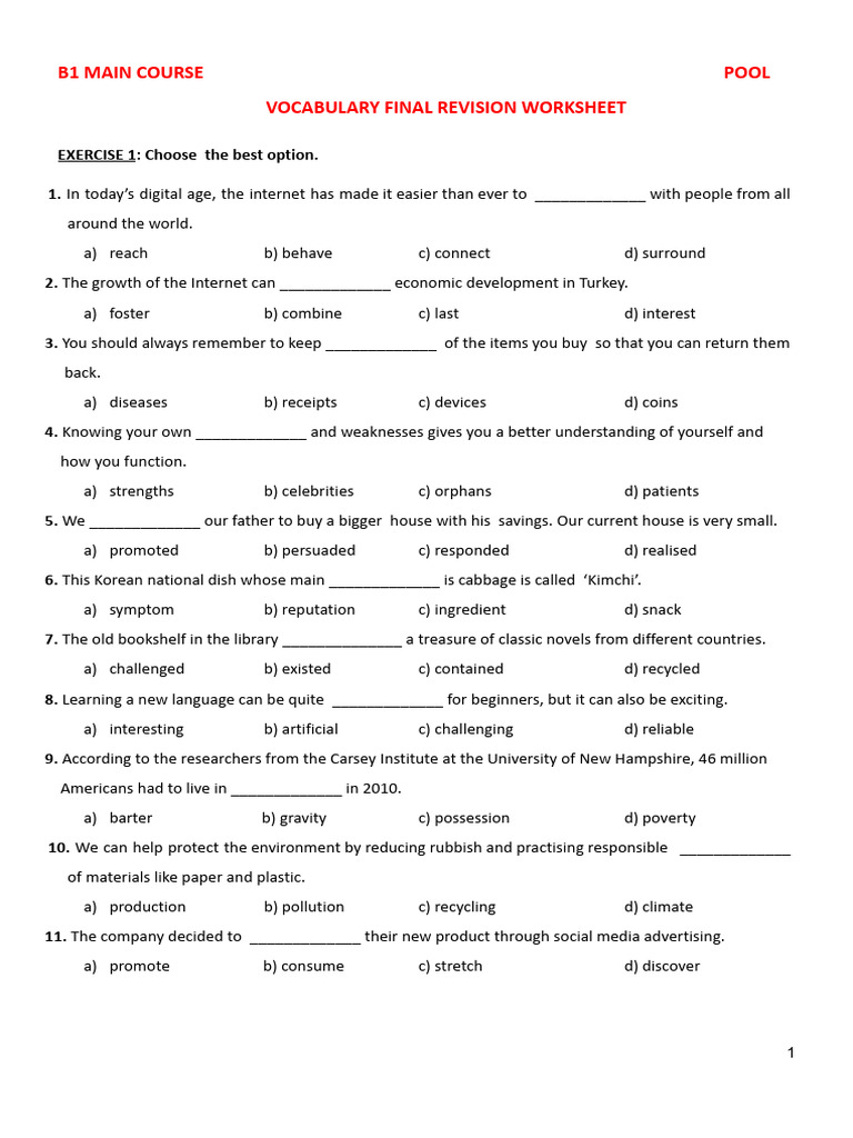 134 - Vocabulary Final Revision Worksheet+ KEY by Zeynep DİKER | PDF