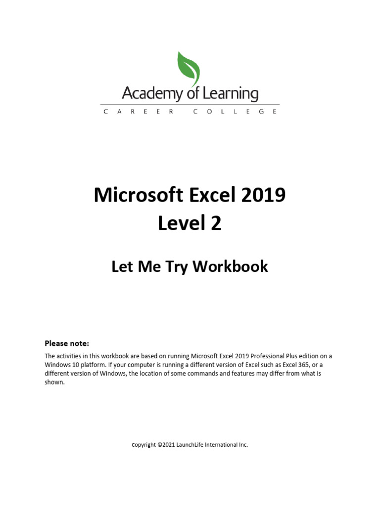 Excel 2019 - Level 2 - Let Me Try Workbook - AOLCC | PDF | Microsoft Excel  | Computer File