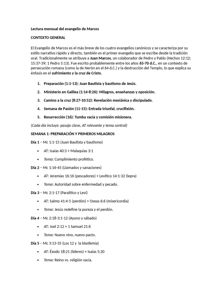 Lectura Mensual del Evangelio de Marcos | PDF | Evangelio de Marcos | Jesús
