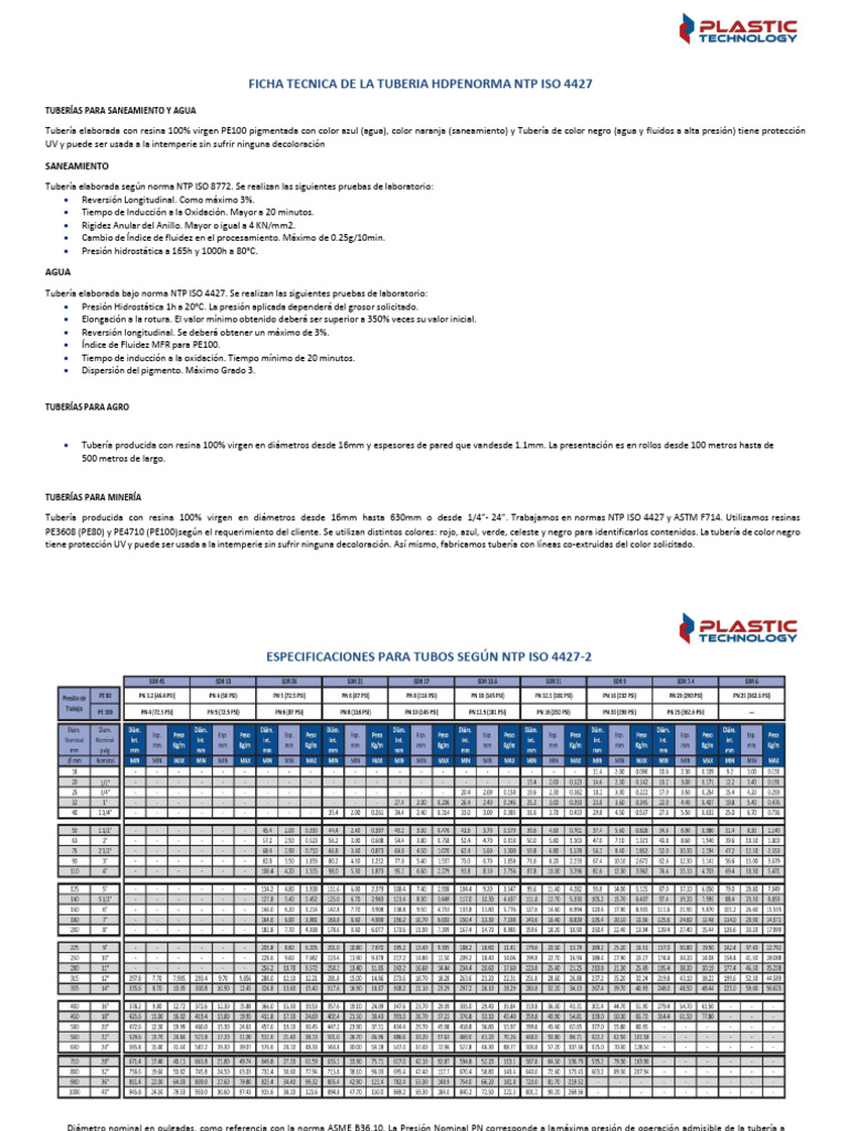 Ficha Técnica Tubería HDPE NTP ISO 4427 | PDF