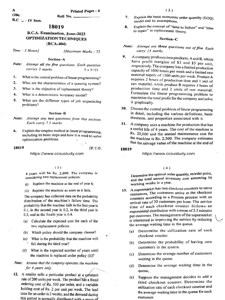 Bca 4 Sem Optimization Techniques 18019 Jun 2023 | PDF