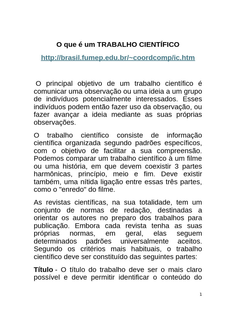 PIBIC - O Que É Um TRABALHO CIENTÍFICO | PDF | Abstract (resumo) | Science