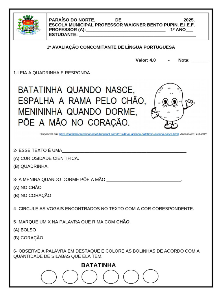Avaliação de Língua Portuguesa 1º Ano | PDF