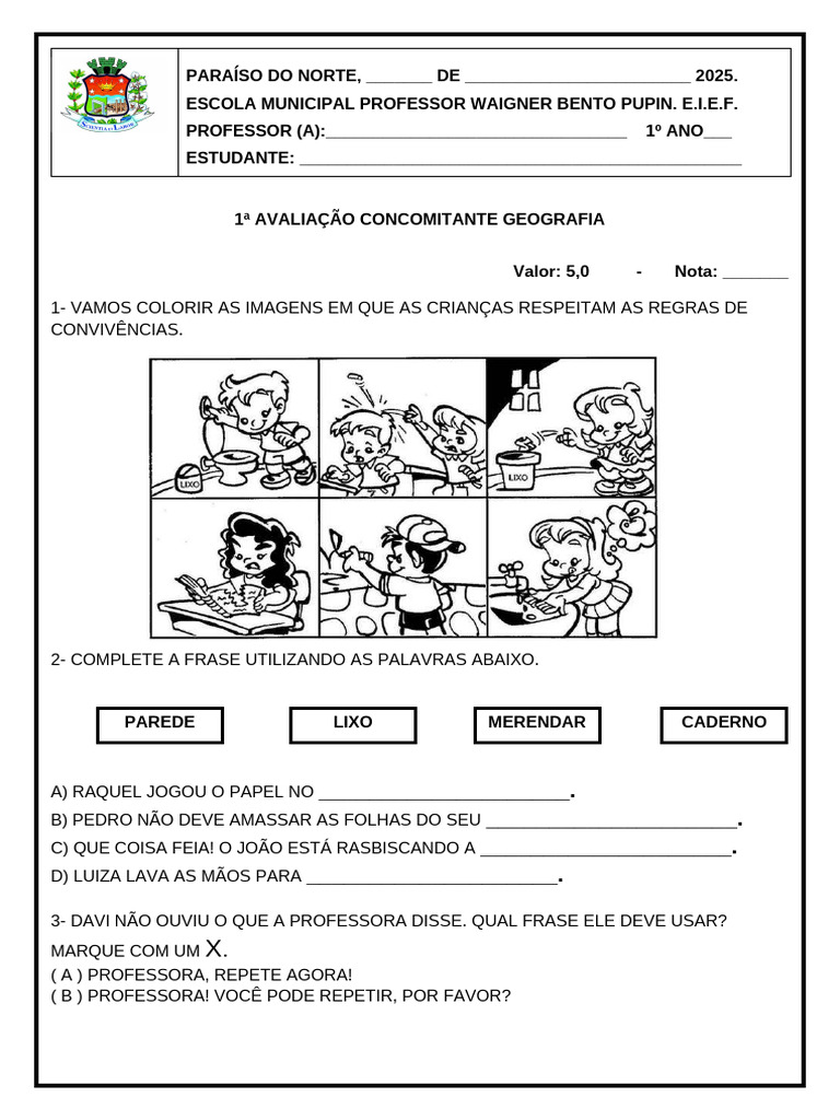 1 trimestre - 1 AVALIAÇÃO CONCOMITANTE DE GEOGRAFIA | PDF