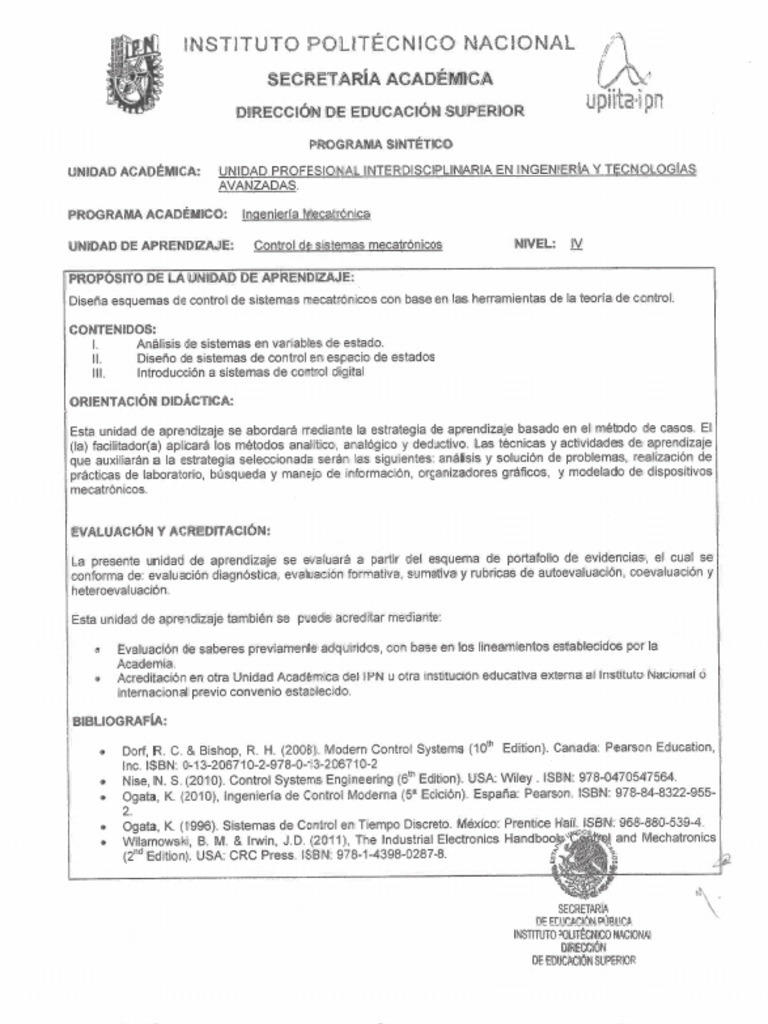 Upiita Im Niv Control de Sistémas Mecatrónicos | PDF
