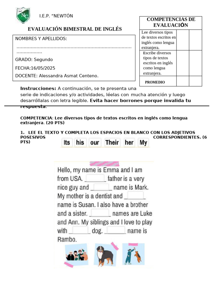 Evaluación Parcial de Ingles 2do Sec | PDF