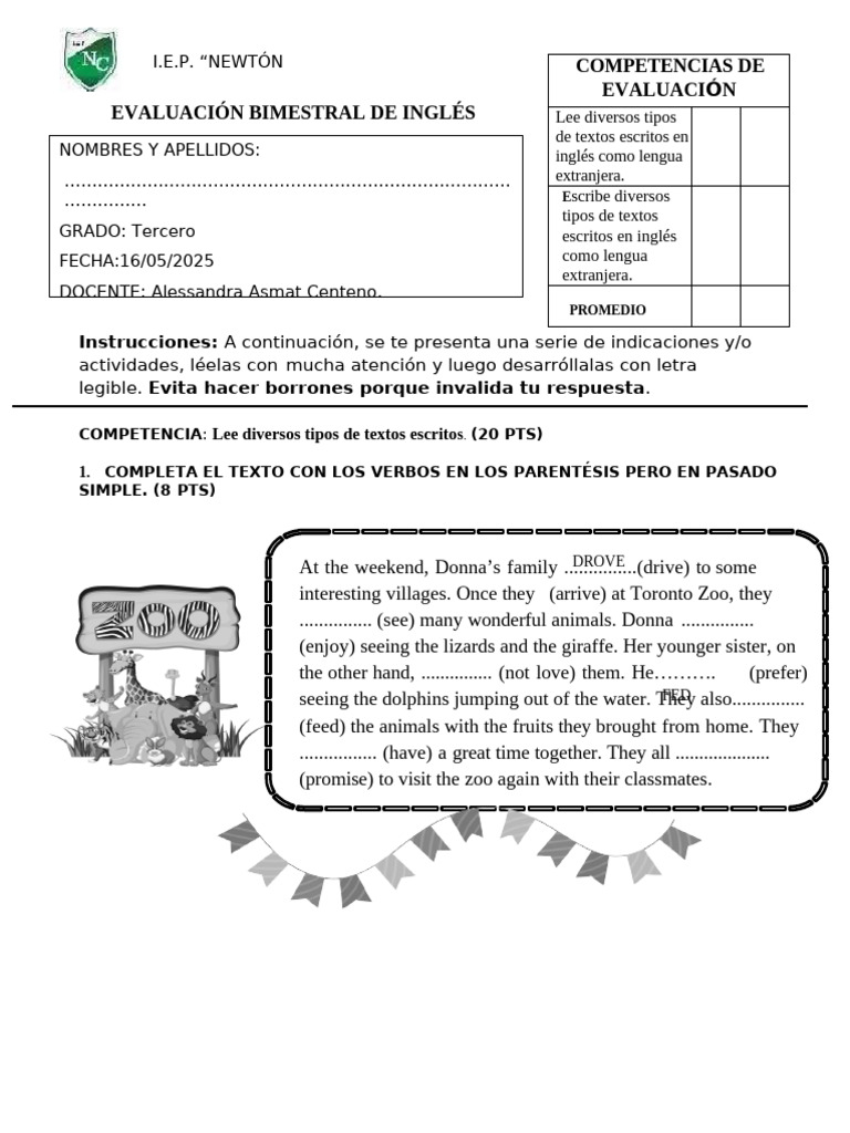 Evaluación Parcial de Ingles 3ero Sec | PDF
