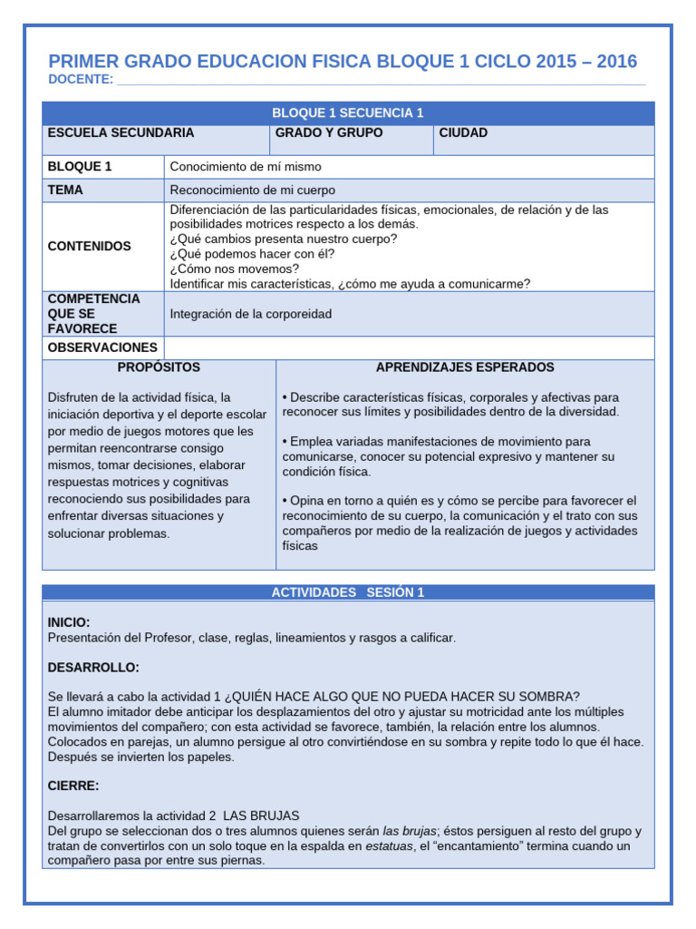 Educación Física: Primer Grado Bloque 1 | PDF | Educación Física ...