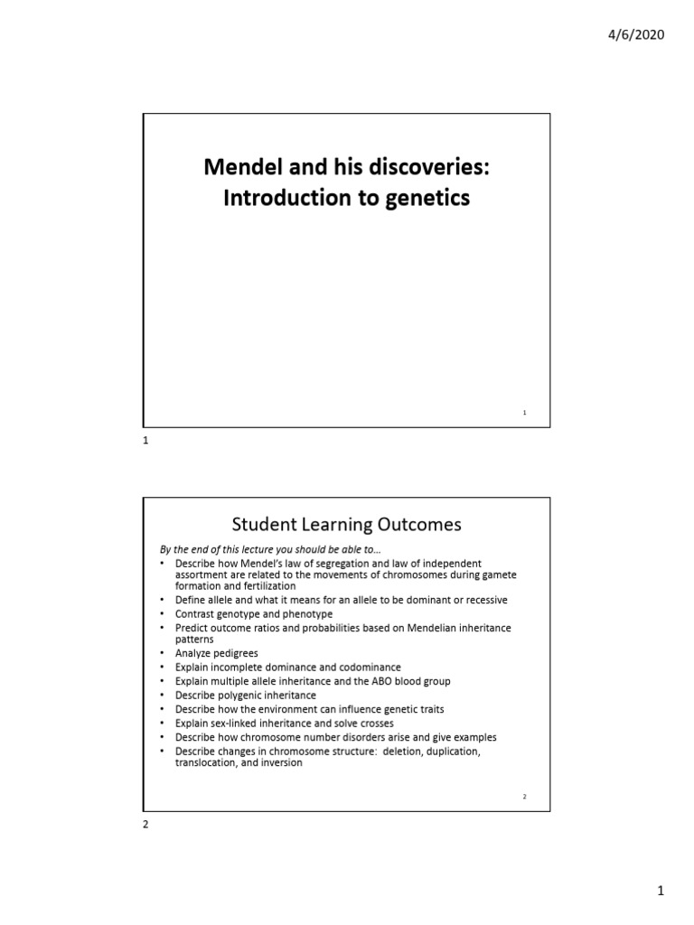 Biol 100 S'20 Lecture 14 and 15 Mendel Genetics Chromosomal Inheritance ...
