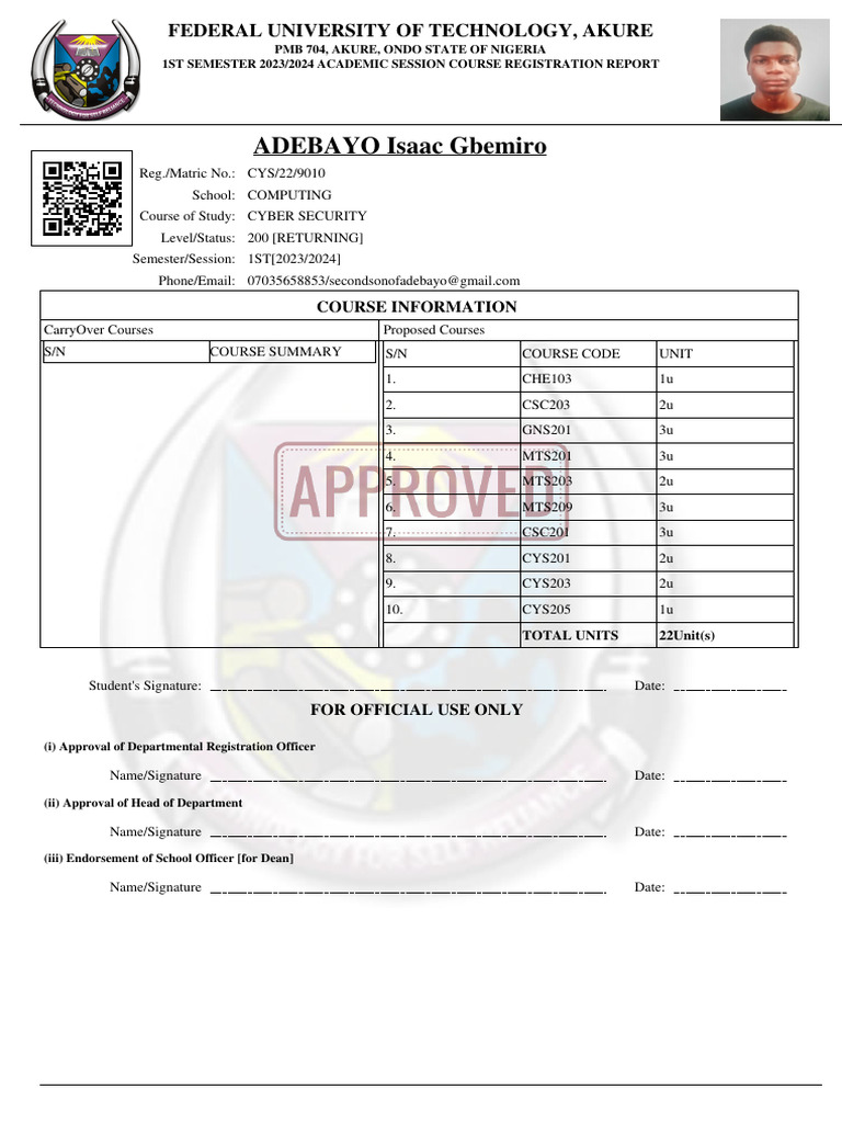 ADEBAYO Isaac Gbemiro Course Registration | PDF