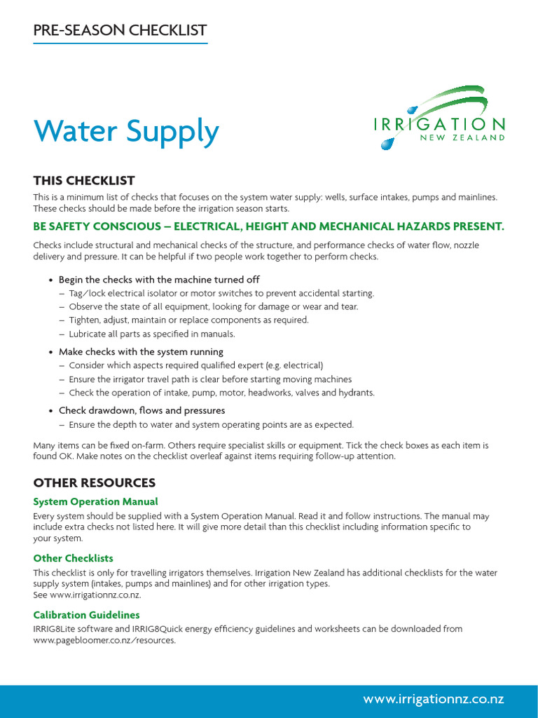 Pre-Season Water Supply Checklist | PDF | Pump | Water
