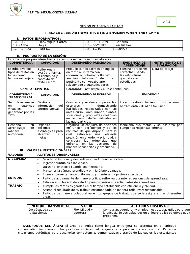 Sesión de Aprendizaje N 02-5to-Segunda Unidad - 2025 | PDF ...