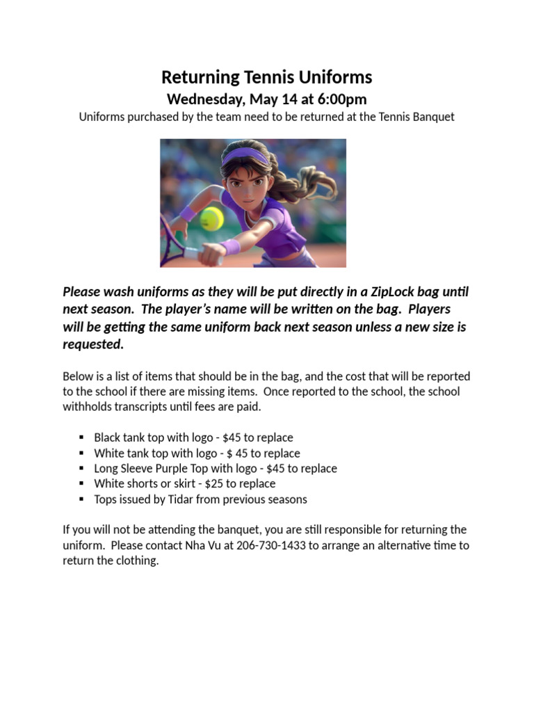Returning Tennis Uniforms | PDF