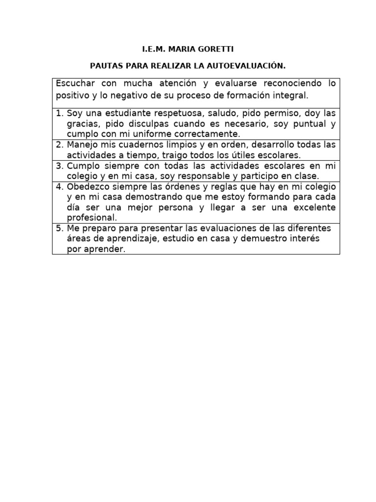 Pautas para Autoevaluación. | PDF
