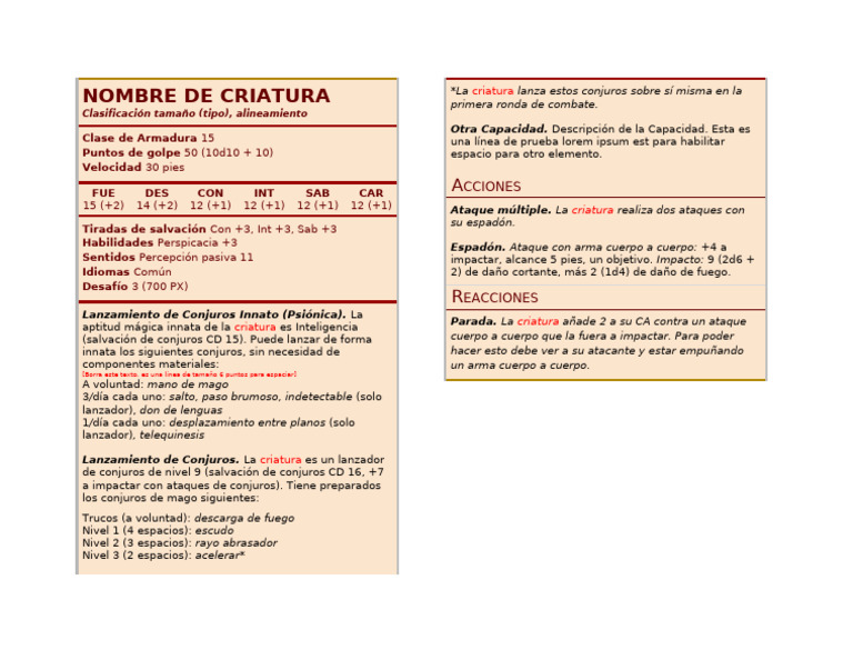 dnd5 Creature Card Spanish PLANTILLA | PDF