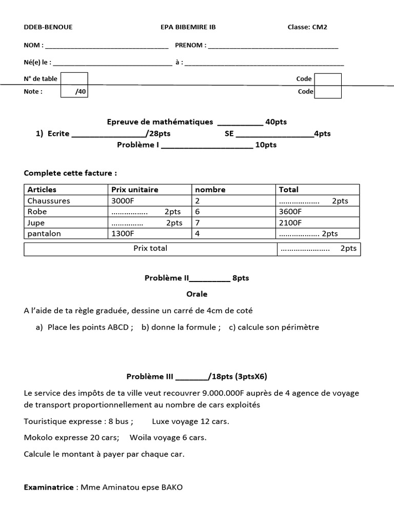 Épreuve de mathématiques CM2 - DDEB-BENOUE | PDF