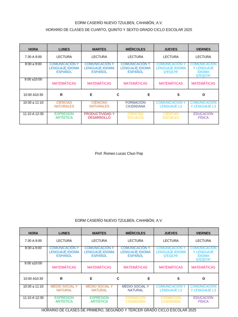 Horario Clases Ciclo Escolar 2025 | PDF