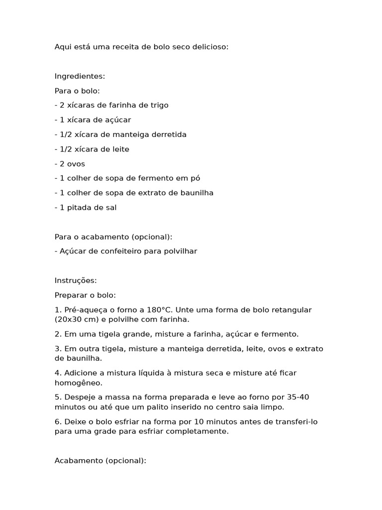 Receita de Bolo Seco Delicioso | PDF
