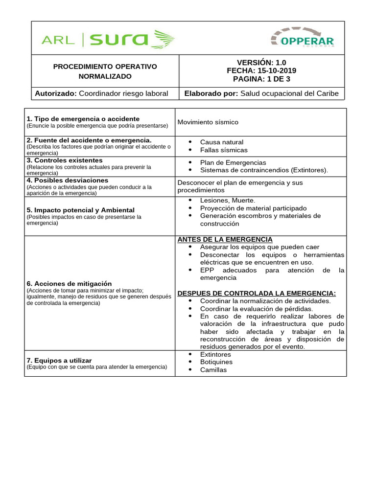 Procedimiento de Emergencia Sísmica | PDF | Seguridad y salud ocupacional