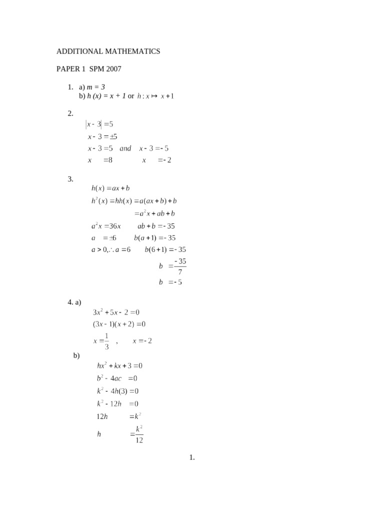 Answer Add Math 1 SPM 2007 | PDF