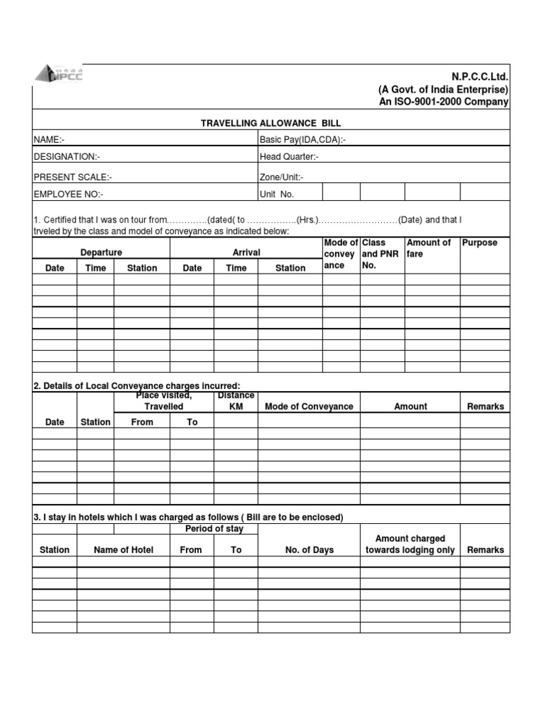 Travelling Allowance Claim Form | PDF