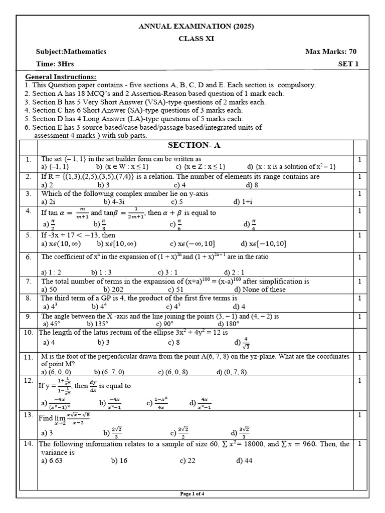 Class XI Mathematics Annual Exam 2025 | PDF | Educational Assessment ...