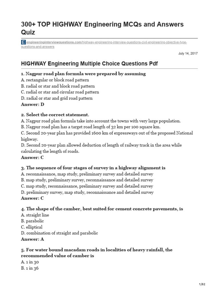 Highway Engineering MCQs and Answers | PDF | Traffic | Road