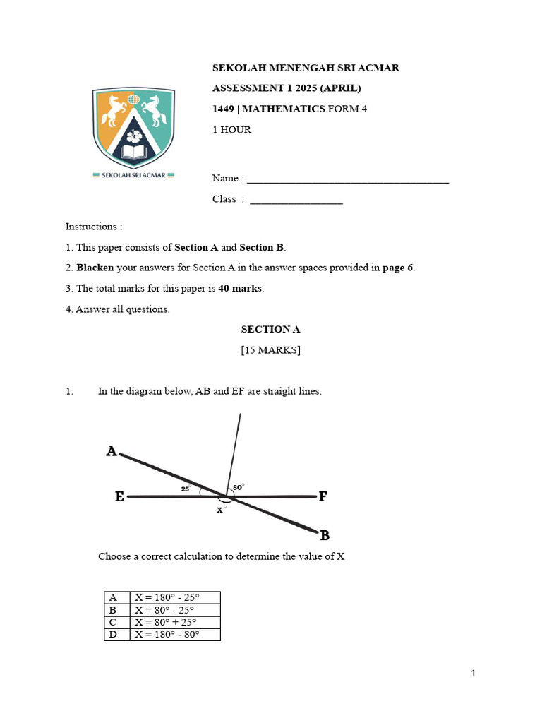 Mathematics Assessment Form 4 2025 | PDF | Mathematics