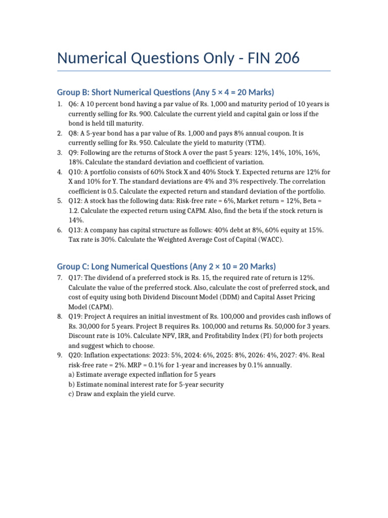 Financial Literacy Numerical Questions 2024 | PDF