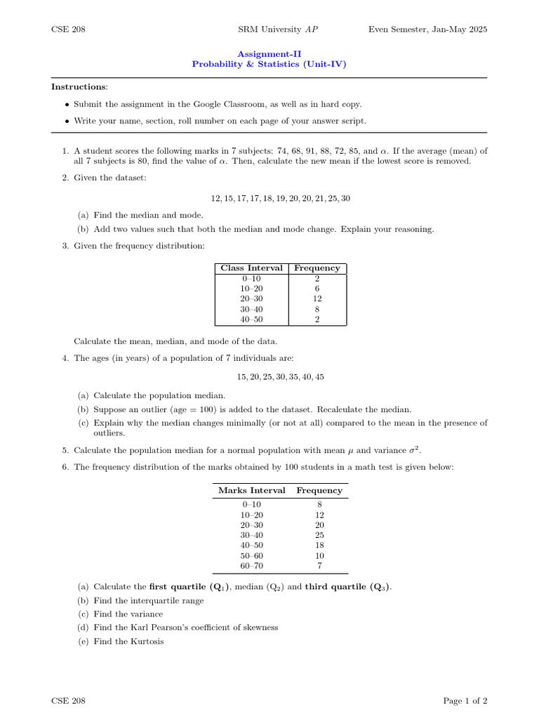 Unit IV Assignments | PDF | Median | Mode (Statistics)