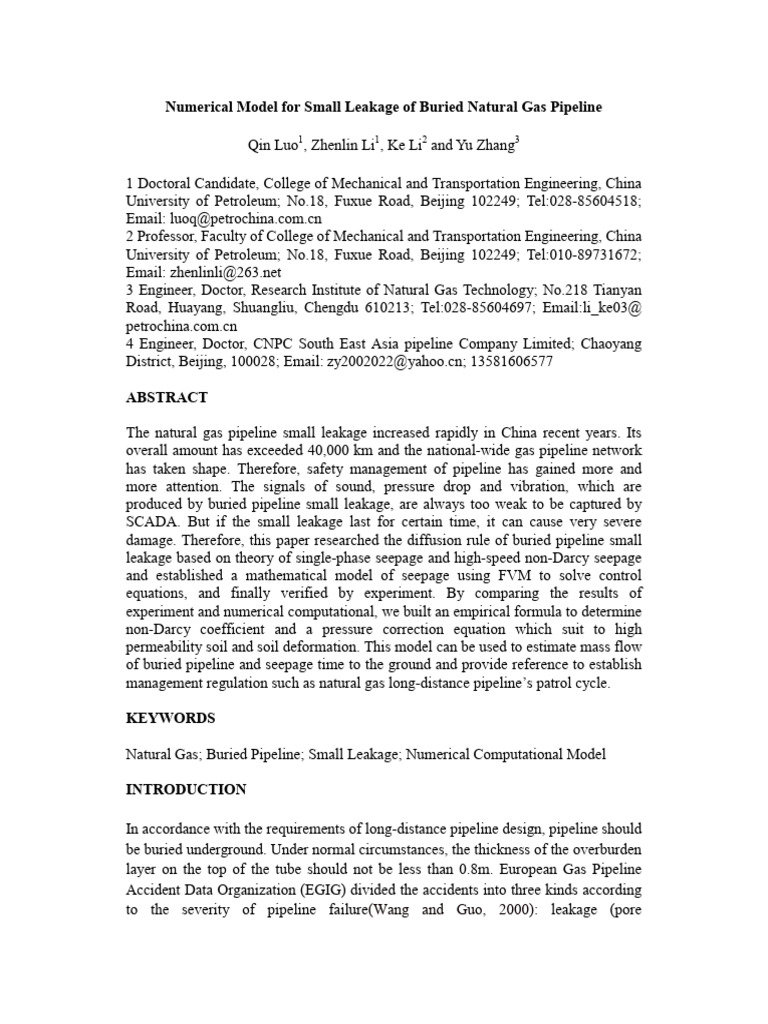 Numerical Model For Small Leakage of Buried Natural Gas Pipeline | PDF ...