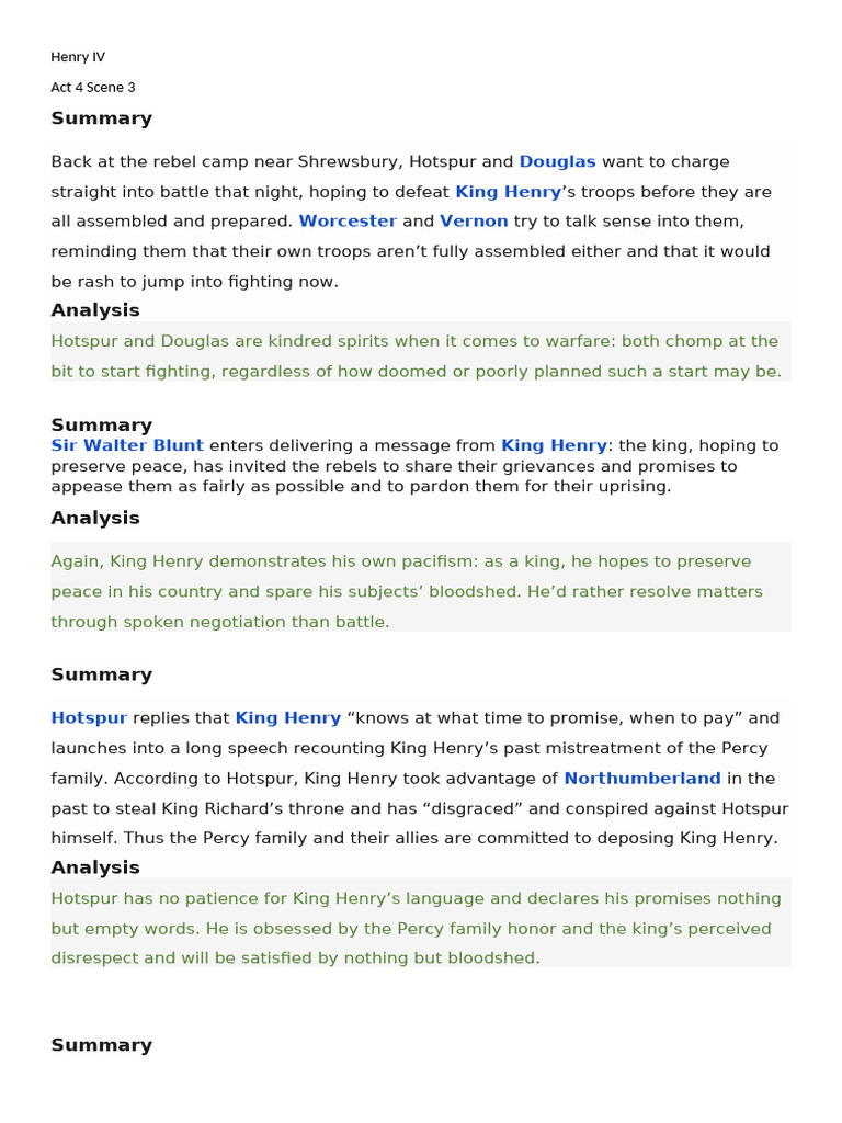 Henry IV Act 4 Scene 3 Summary | PDF