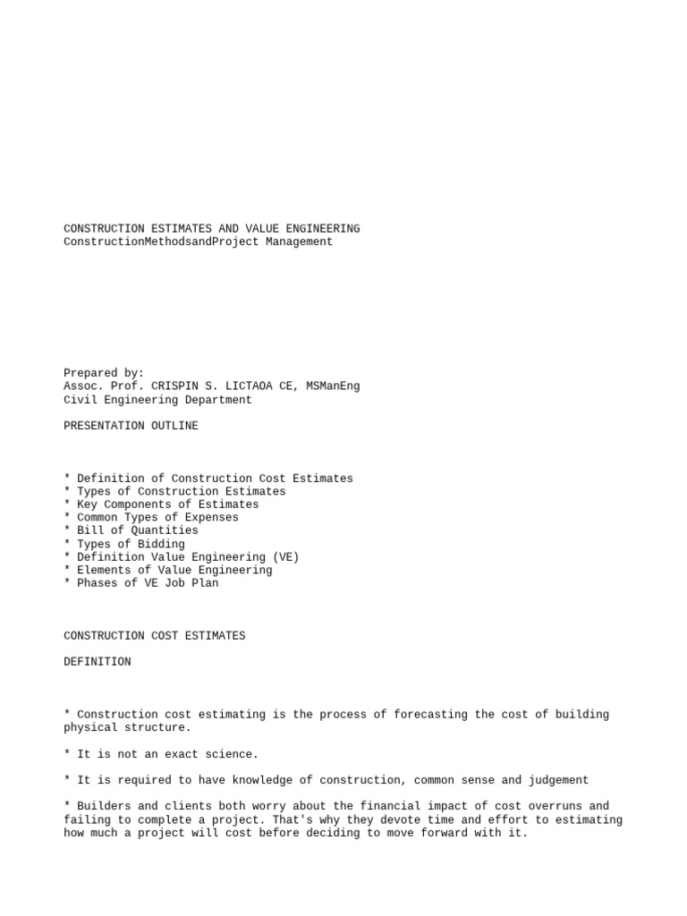 Construction Cost Estimates & Value Engineering | PDF | Cost | Project ...