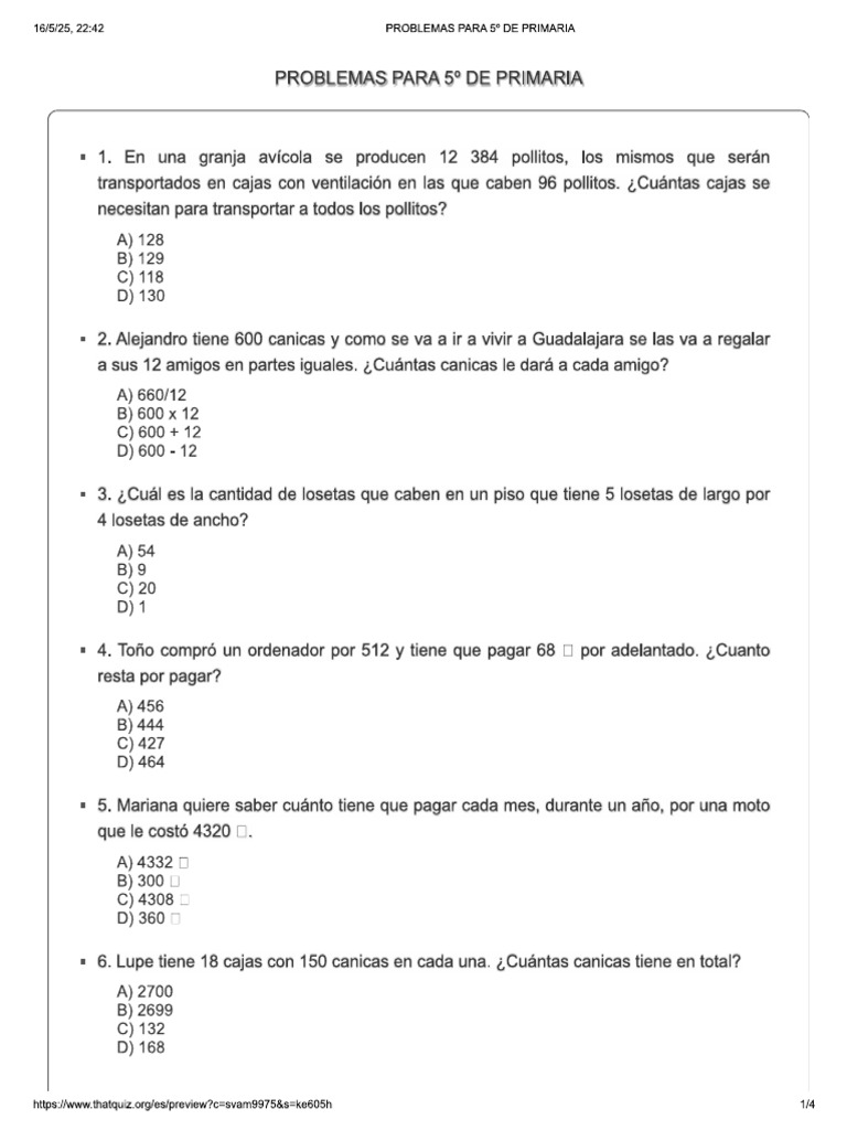 Examen 5to de Primaria Matematicas | PDF