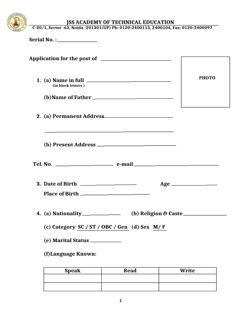 JSS Academy Application Form 2025 | PDF