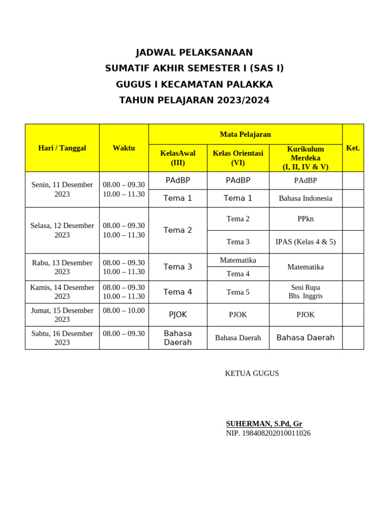 Jadwal Pelaksanaan Sas 1 Tapel 2023-2024 | PDF