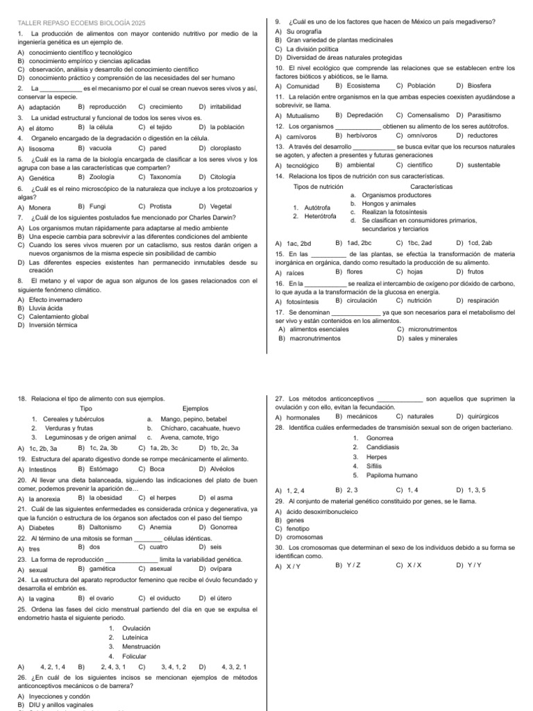 Taller de Biología: Repaso Ecoems 2025 | PDF | Nutrición | Dieta y