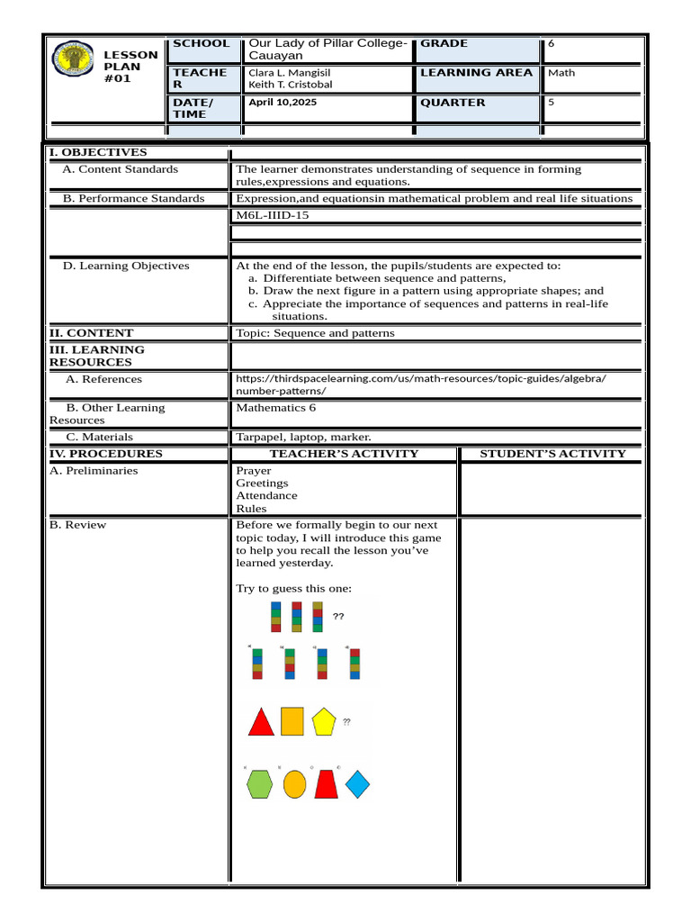 Grade 6 Math Lesson on Sequences | PDF | Learning | Numbers