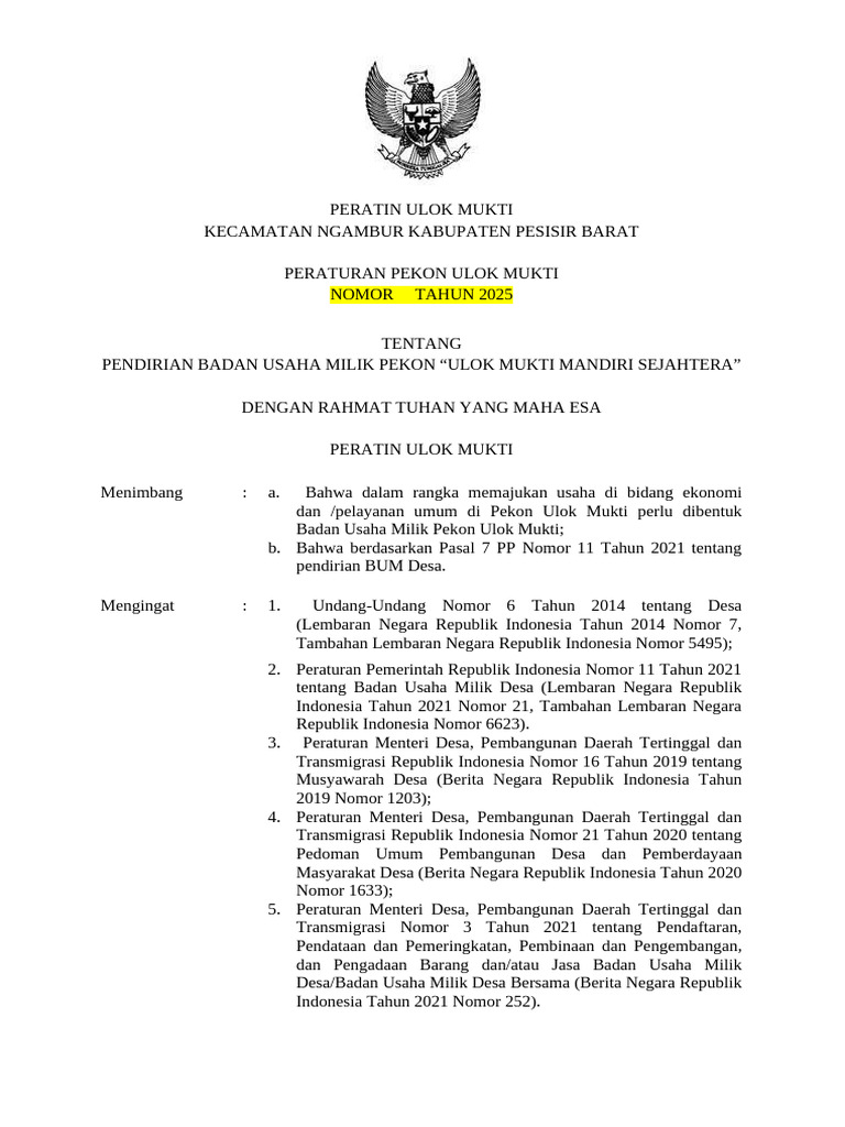 A. Peraturan Bumdes Pekon Ulok Mukti | PDF