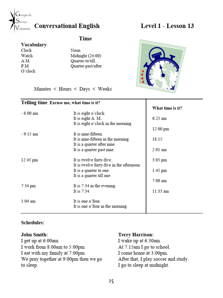 Telling Time in English: Lesson 13 | PDF