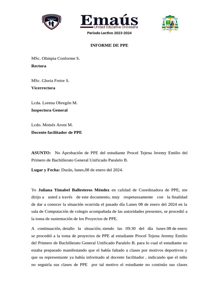 Informe de Ppe - Estudiante Procel Tejena Jeremy Emilio - Primero B