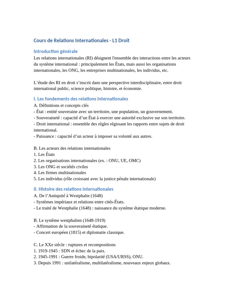 Cours de Relations Internationales L1 Droit | PDF | Relations ...