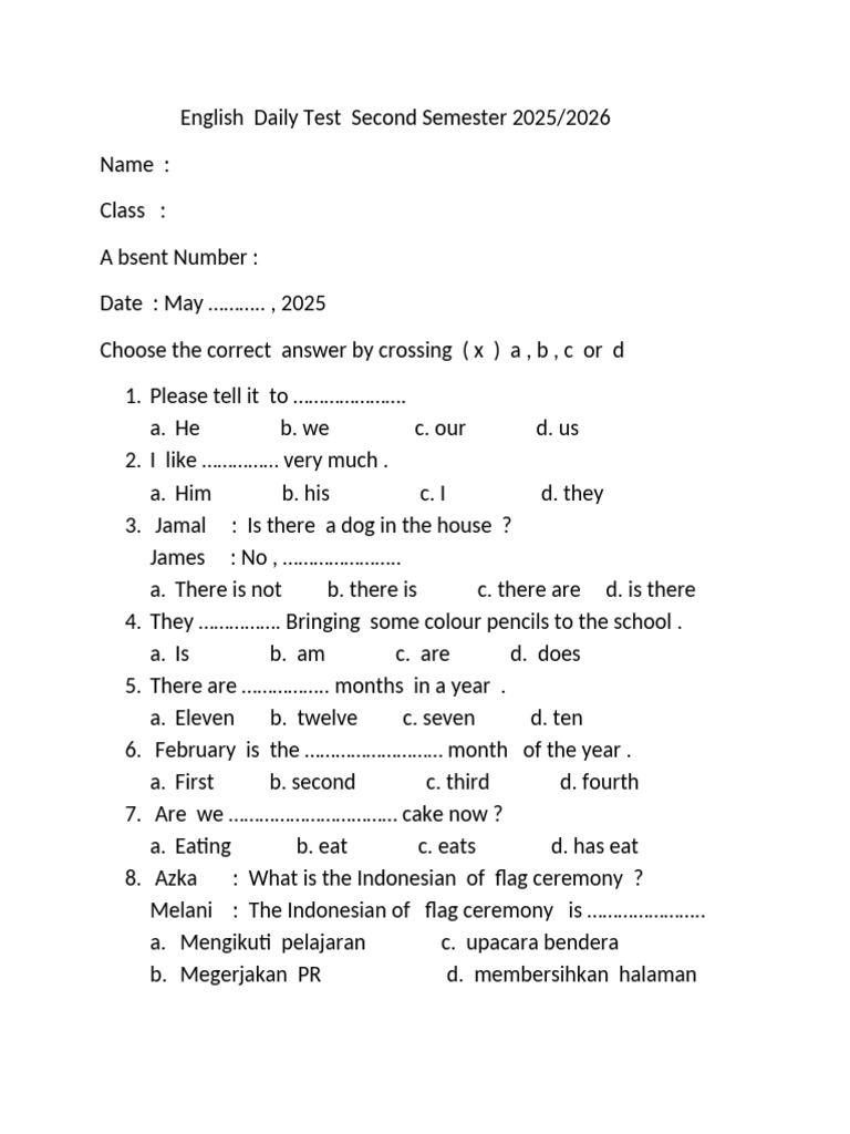 English First Semester Test For 4th Grade The Year of 2021 | PDF