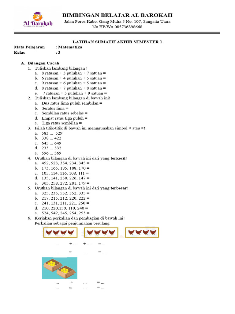 Latihan Matematika Kelas 3 Semester 1 | PDF