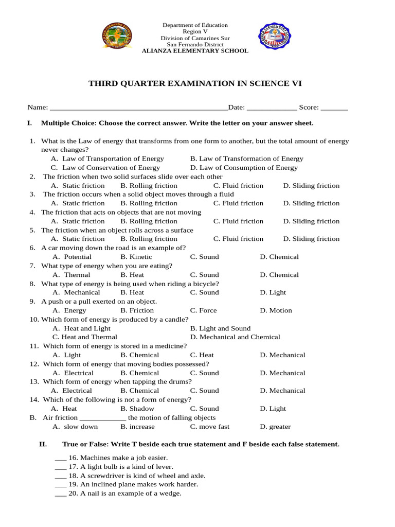 Science VI Third Quarter Exam Guide | PDF | Friction | Mechanical ...