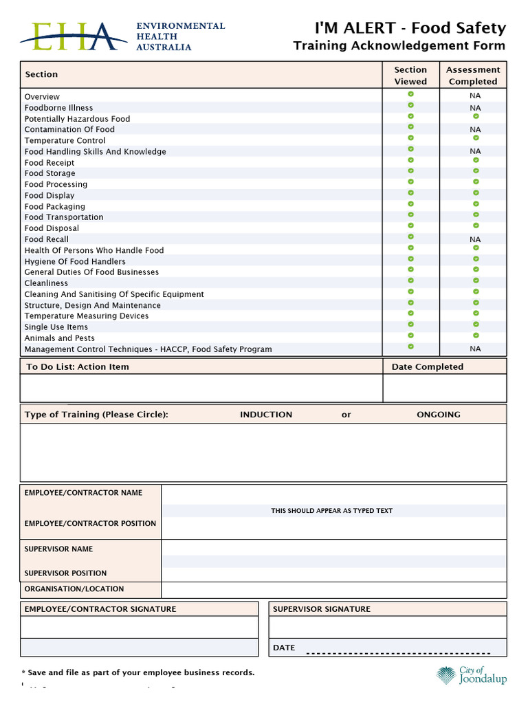I'M ALERT - Food Safety: Training Acknowledgement Form | PDF | Food ...
