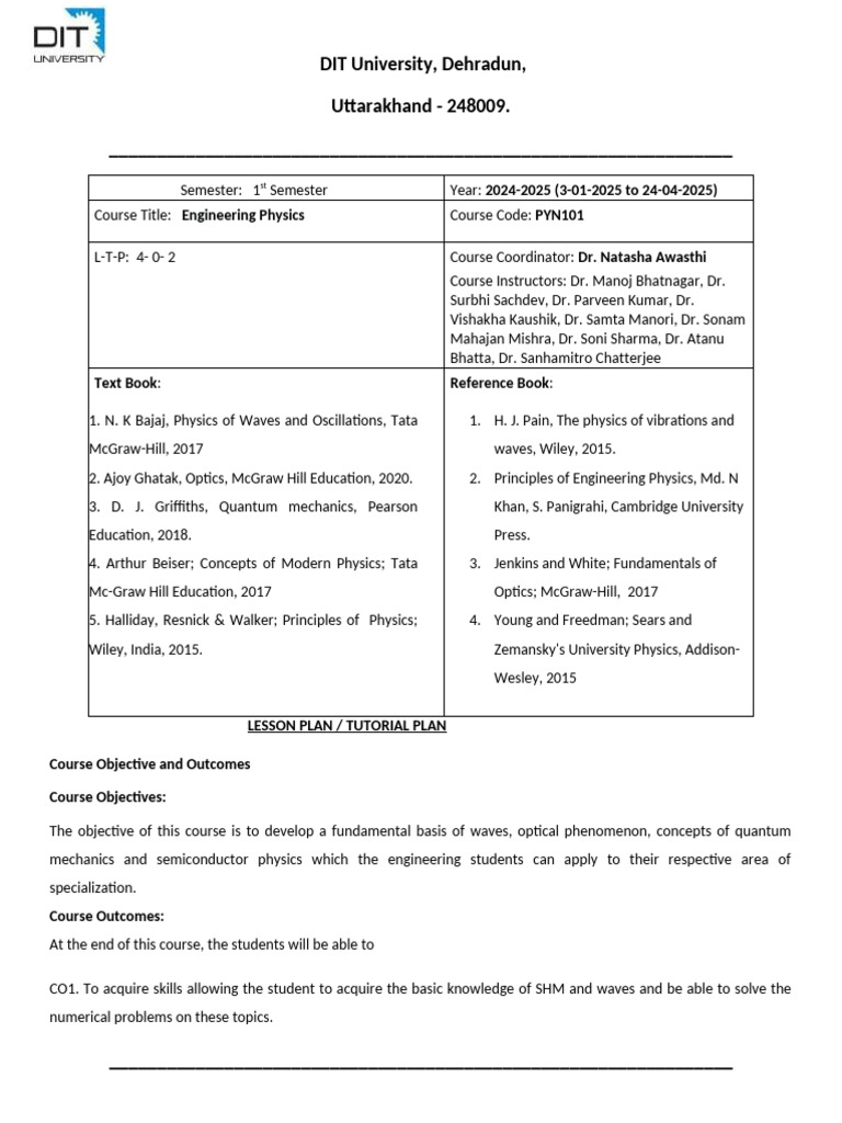 Engineering Physics Course Plan 2024-25 | PDF | Polarization (Waves ...