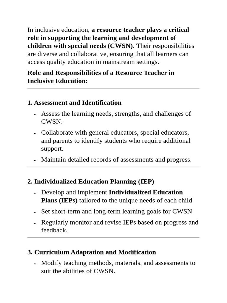 Resource Teacher's Role in Inclusive Education | PDF | Inclusion ...